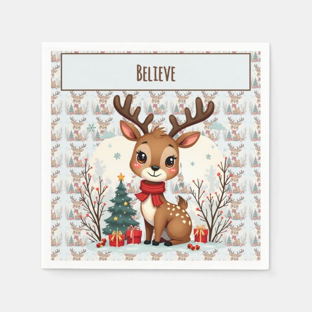 Cute Christmas Reindeer Scene Snowy Forest Napkin (Front)