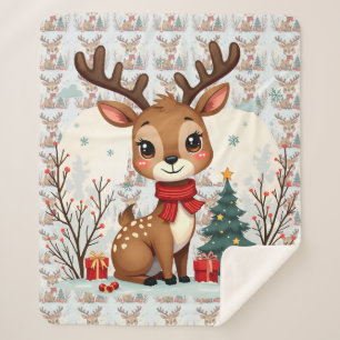 Cute Christmas Reindeer Scene Snowy Forest Sherpa Blanket
