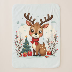 Cute Christmas Reindeer Scene Snowy Forest Sherpa Blanket