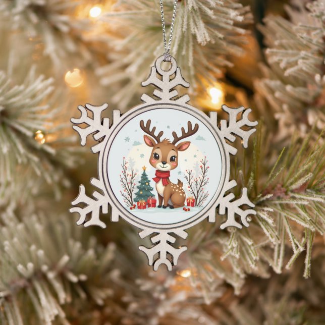 Cute Christmas Reindeer Scene Snowy Forest Snowflake Pewter Christmas Ornament (Tree)