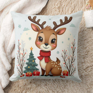 Cute Christmas Reindeer Scene Snowy Forest Throw Pillow