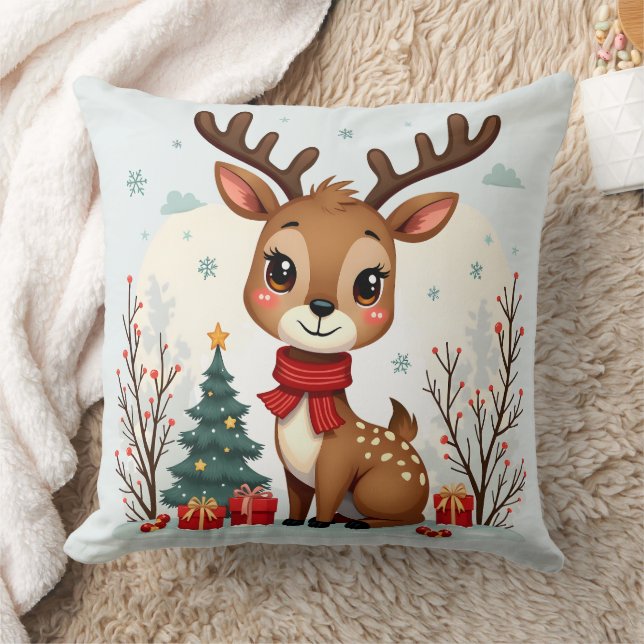 Cute Christmas Reindeer Scene Snowy Forest Throw Pillow (Blanket)