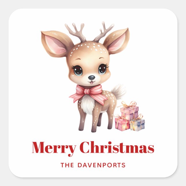 Cute Christmas Reindeer Square Sticker (Front)