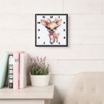 Cute Christmas Reindeer Square Wall Clock<br><div class="desc">A clock with an illustration of an adorable baby deer. Big eyes big ears with a large head and little brown antlers. Wearing a big red bow.</div>