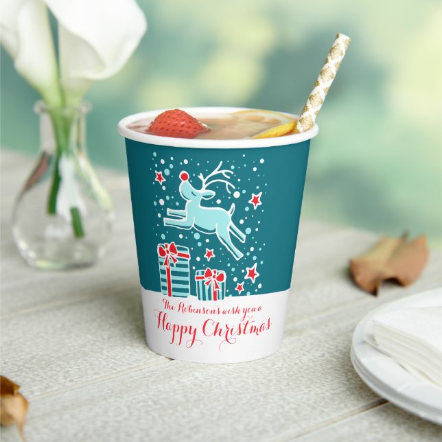 Cute Christmas reindeer teal red custom Paper Cups (Insitu)