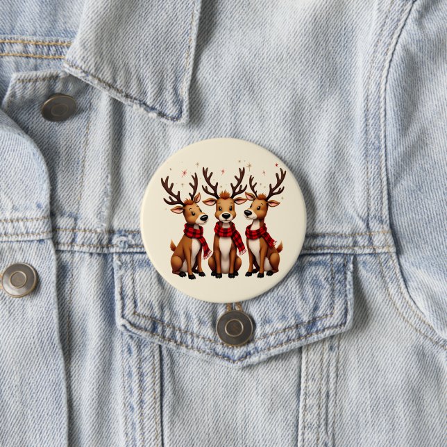 Cute Christmas Reindeer Trio with Plaid Scarves 3 Inch Round Button (In Situ)