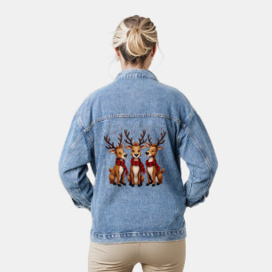 Cute Christmas Reindeer Trio with Plaid Scarves Denim Jacket