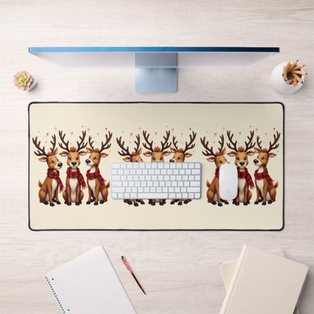 Cute Christmas Reindeer Trio with Plaid Scarves Desk Mat (Office 1)
