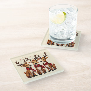 Cute Christmas Reindeer Trio with Plaid Scarves Glass Coaster