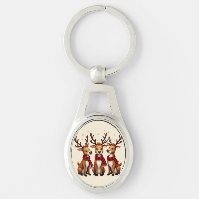 Cute Christmas Reindeer Trio with Plaid Scarves Keychain (Front)