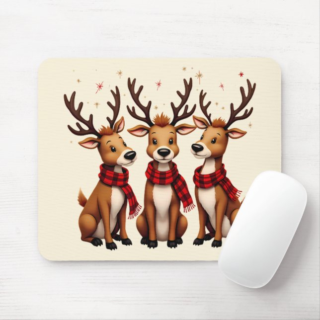 Cute Christmas Reindeer Trio with Plaid Scarves Mouse Pad (With Mouse)