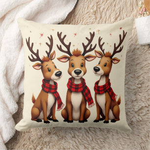 Cute Christmas Reindeer Trio with Plaid Scarves Throw Pillow