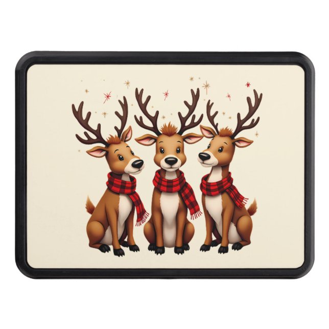 Cute Christmas Reindeer Trio with Plaid Scarves Trailer Hitch Cover (Front)
