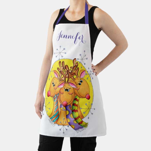 Cute Christmas Reindeer Wearing Scarves with Stars Apron (Insitu)