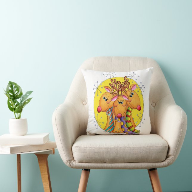 Cute Christmas Reindeer Wearing Scarves with Stars Throw Pillow (Chair)