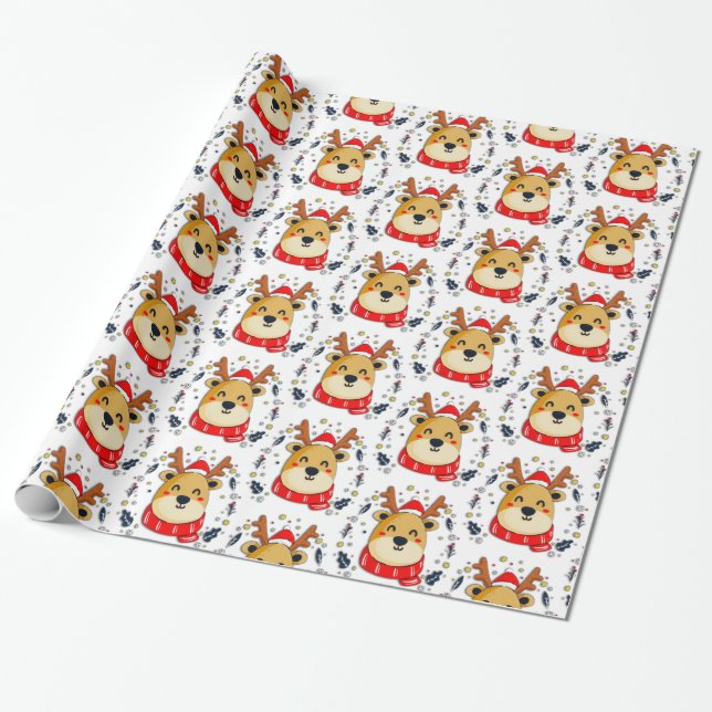 Cute Christmas Reindeer White Wrapping Paper (Unrolled)