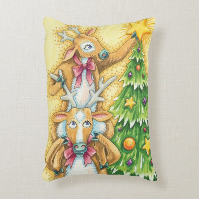 Cute Christmas Reindeer With Christmas Tree Star Accent Pillow (Front(Vertical))