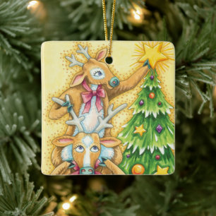 Cute Christmas Reindeer With Christmas Tree Star Ceramic Ornament