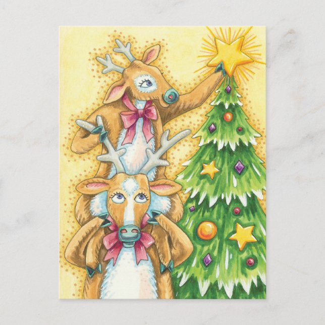 Cute Christmas Reindeer With Christmas Tree Star Holiday Postcard (Front)