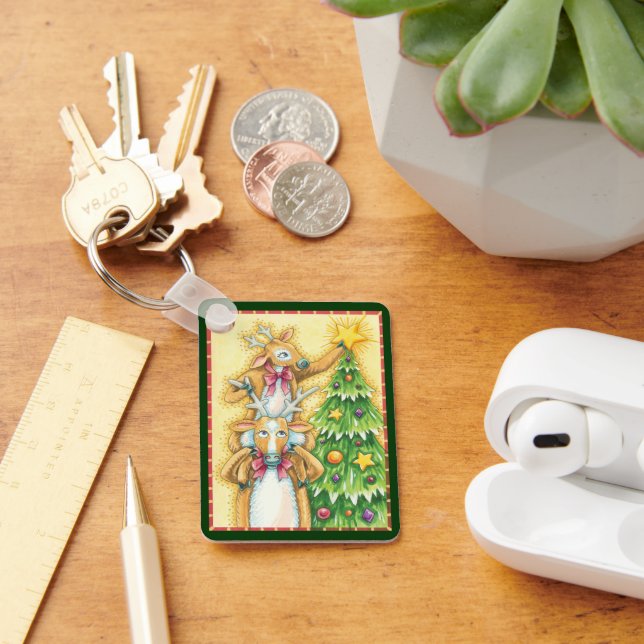 Cute Christmas Reindeer With Christmas Tree Star Keychain (Desk)