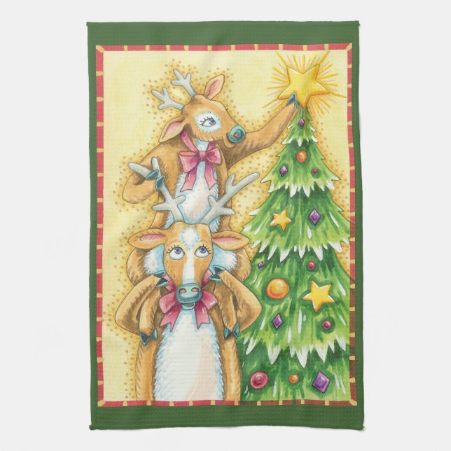 Cute Christmas Reindeer With Christmas Tree Star Kitchen Towel (Vertical)