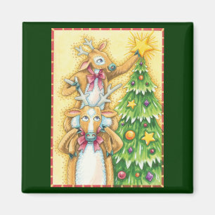 Cute Christmas Reindeer With Christmas Tree Star Magnet