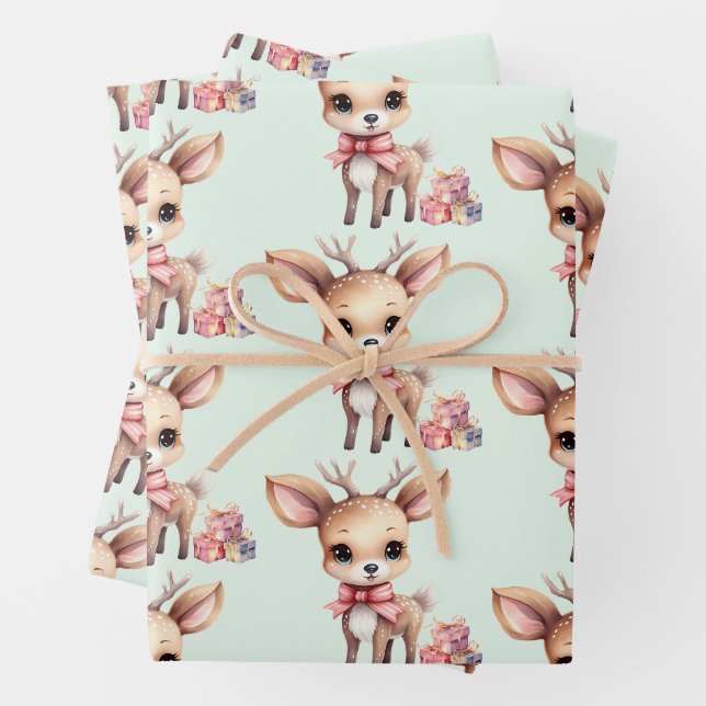Cute Christmas Reindeer with Holiday Gifts Pattern Wrapping Paper Sheet (In situ)