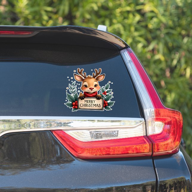 Cute Christmas Reindeer with Holly and Sign (Car Side)