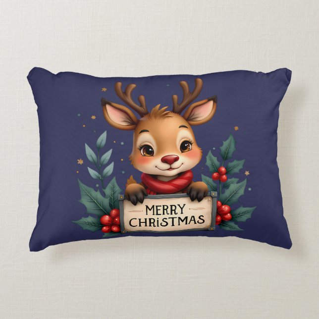 Cute Christmas Reindeer with Holly and Sign Accent Pillow (Front)