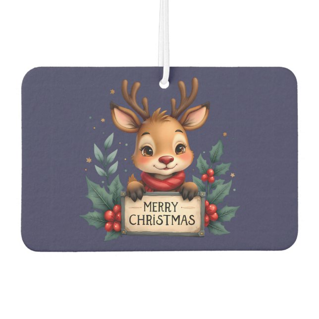 Cute Christmas Reindeer with Holly and Sign Air Freshener (Front)
