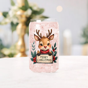 Cute Christmas Reindeer with Holly and Sign Can Glass