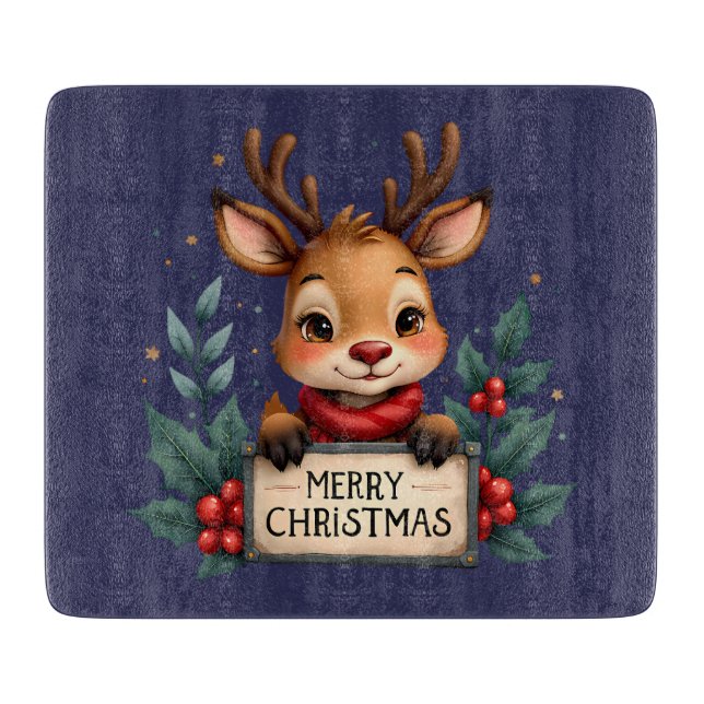 Cute Christmas Reindeer with Holly and Sign Cutting Board (Front)