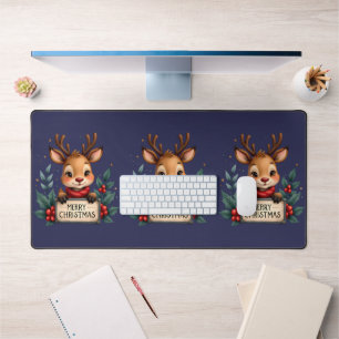 Cute Christmas Reindeer with Holly and Sign Desk Mat
