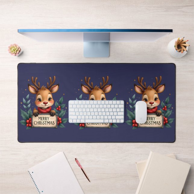 Cute Christmas Reindeer with Holly and Sign Desk Mat (Office 1)