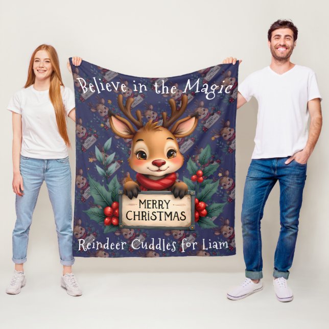 Cute Christmas Reindeer with Holly and Sign Fleece Blanket (In Situ)