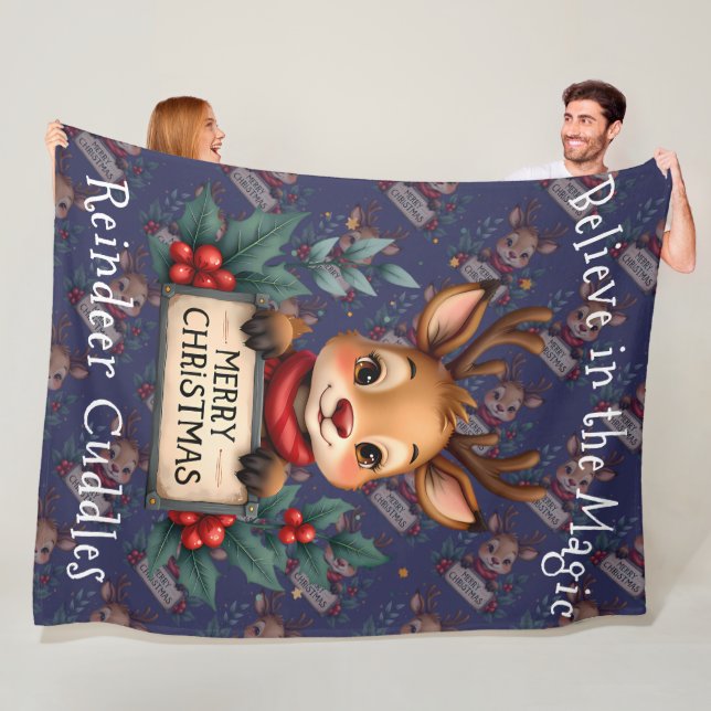 Cute Christmas Reindeer with Holly and Sign Fleece Blanket (In Situ)