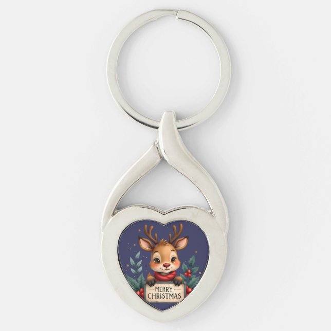 Cute Christmas Reindeer with Holly and Sign Keychain (Front)