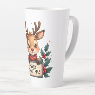 Cute Christmas Reindeer with Holly and Sign Latte Mug