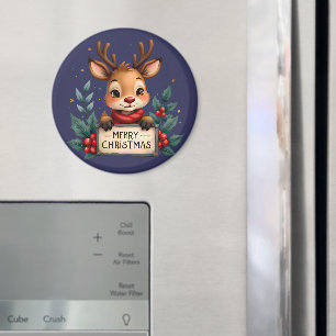 Cute Christmas Reindeer with Holly and Sign Magnet