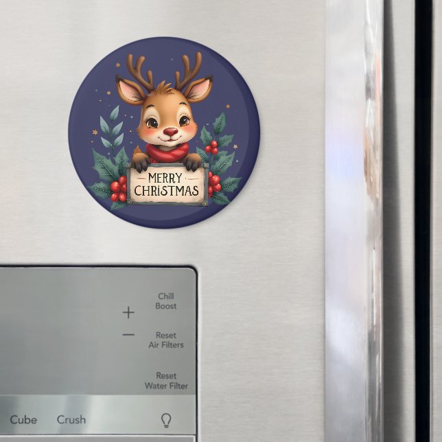 Cute Christmas Reindeer with Holly and Sign Magnet (In Situ (Fridge))