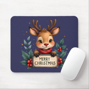 Cute Christmas Reindeer with Holly and Sign Mouse Pad