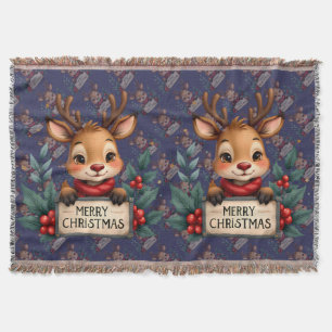 Cute Christmas Reindeer with Holly and Sign Throw Blanket