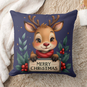 Cute Christmas Reindeer with Holly and Sign Throw Pillow