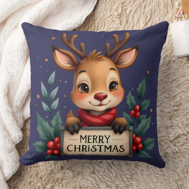 Cute Christmas Reindeer with Holly and Sign Throw Pillow (Blanket)