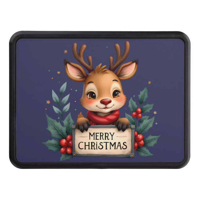 Cute Christmas Reindeer with Holly and Sign Trailer Hitch Cover (Front)