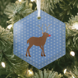 Cute Christmas Reindeer with Red Nose Glass Ornament