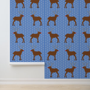 Cute Christmas Reindeer with Red Nose Ptterned Wallpaper