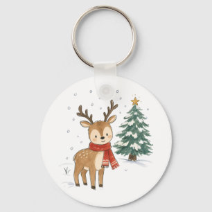 Cute Christmas Reindeer with Red Scarf Keychain