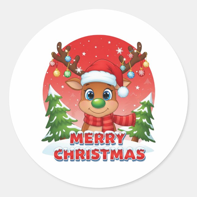 Cute Christmas Reindeer with Santa Hat Ornaments Classic Round Sticker (Front)