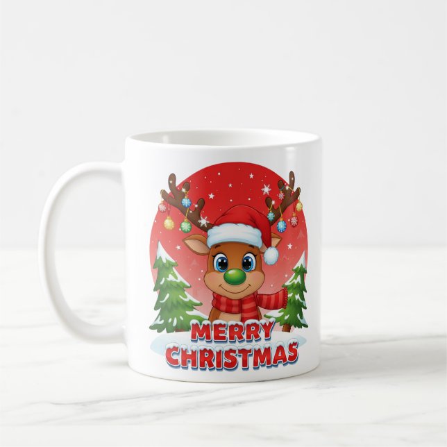 Cute Christmas Reindeer with Santa Hat Ornaments Coffee Mug (Left)